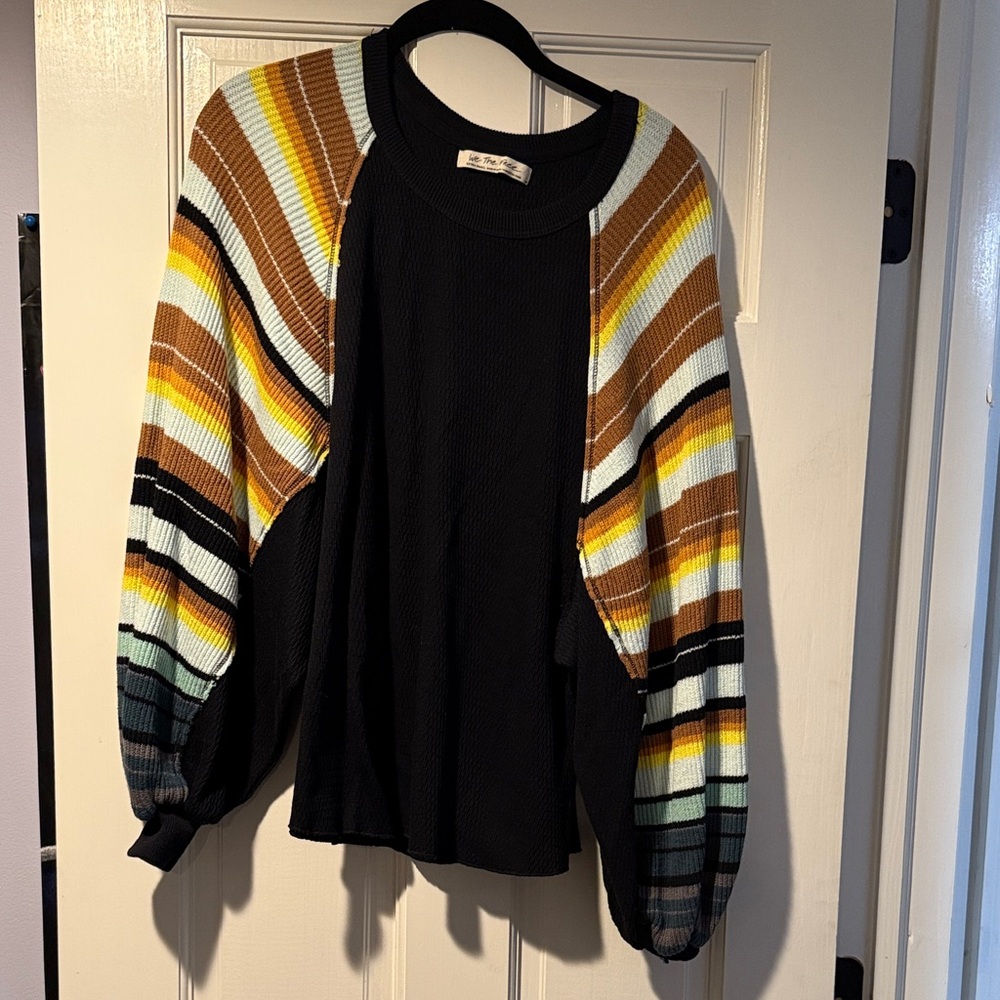 Free People Black shirt with puffy multicolored sleeves